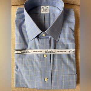 Brooks Brothers Classic-Fit Dress Shirt Non-Iron Blue Plaid Yellow Detailing NWT